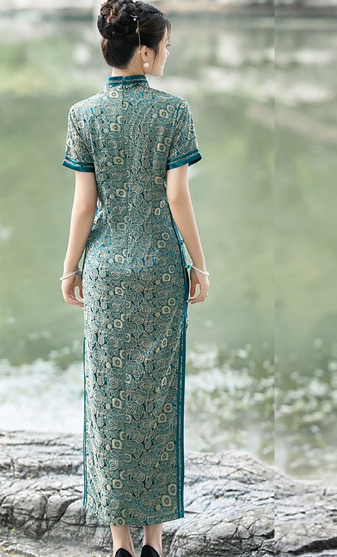 Teal Foral Long Cheongsam Qipao Dress