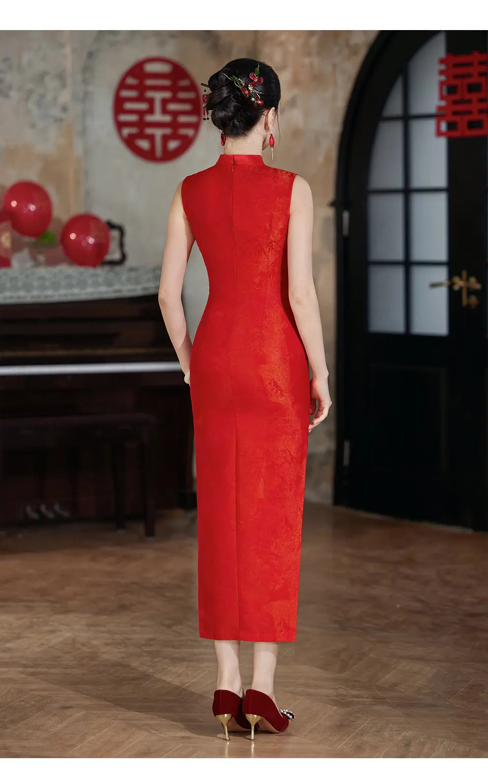 Red & Gold Brocade Sleeveless Modern Wedding  Qipao Dress