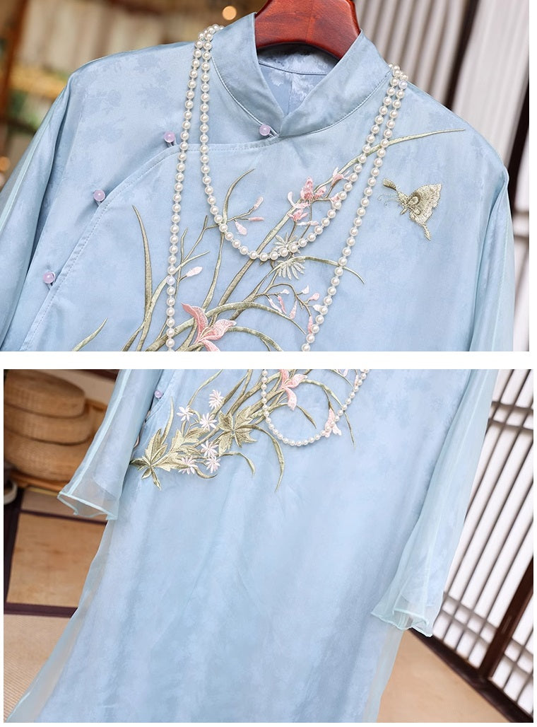 Organza Embroidered Gauze Loose Cheongsam Qipao Dress | Daffodil