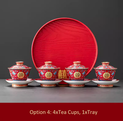 Traditional chinese double happiness floral tea set