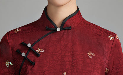 Burgundy Red Short Sleeves Floral Jacquard Qipao Dress