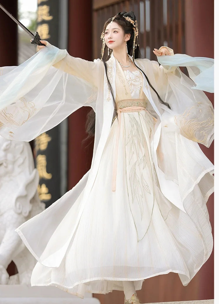 Ivory White with Golden Embroider Song Dynasty Hanfu Dress Set, M Ivory White with Golden Embroider Song Dynasty Hanfu Dress Set, M
