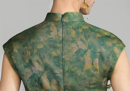 Long Green Qipao with Gold Floral and Butterfly Pattern