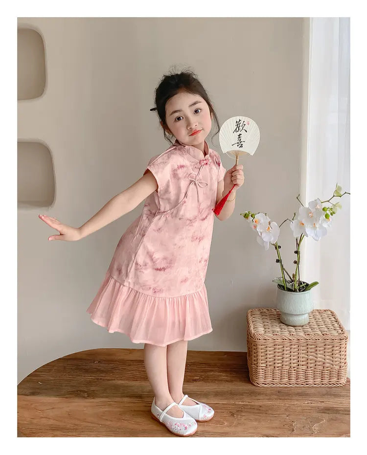 Sweet Pink Floral Kid’s Qipao Dress with Ruffle Hem