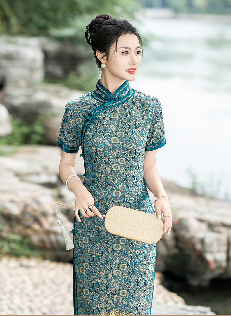Teal Foral Long Cheongsam Qipao Dress