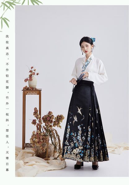 Black Floral Ming-style MaMian Skirt and Cross-collar Blouse