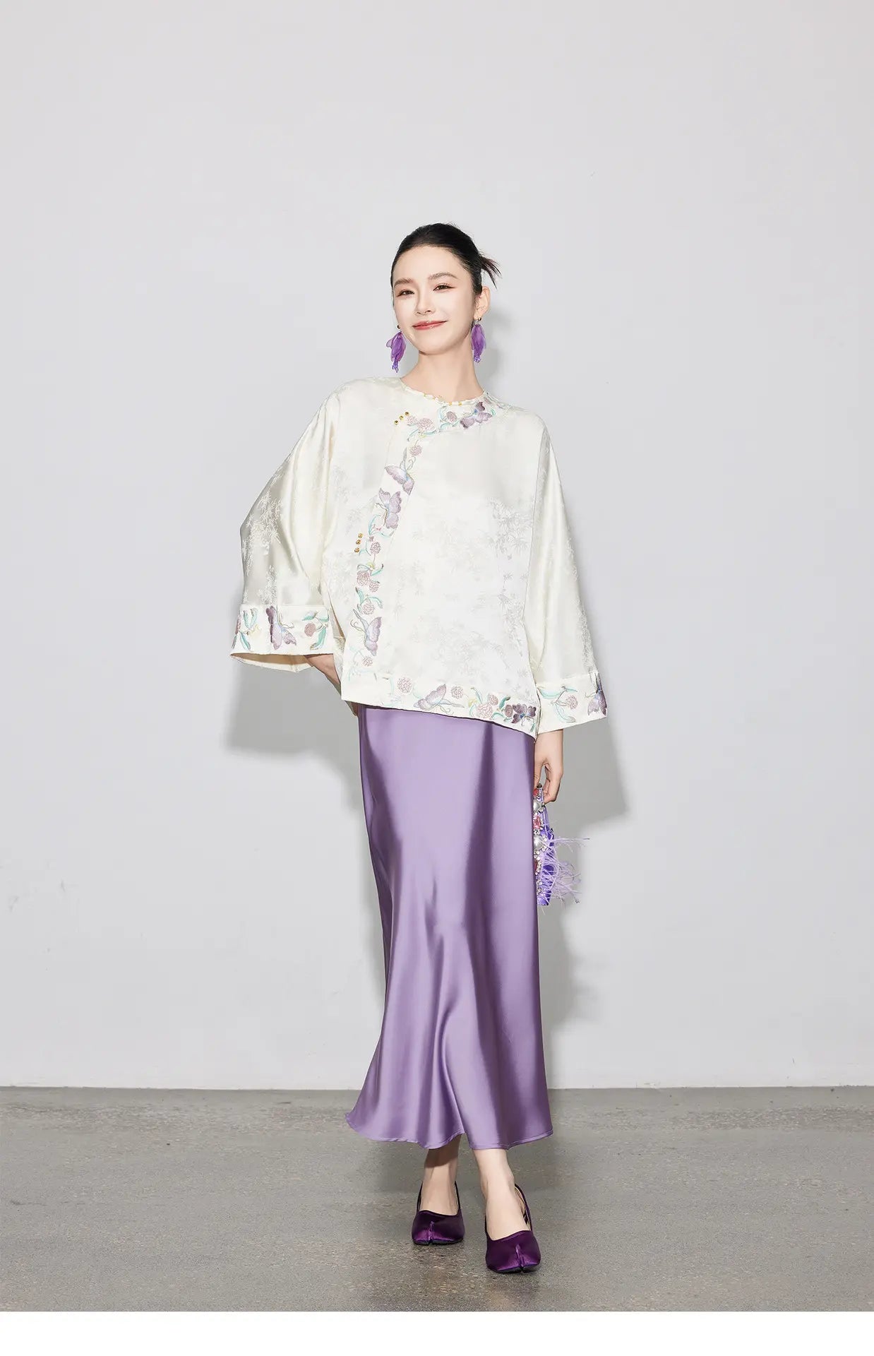 Modern Chinese Style Ivory & Lavender Top & Skirt