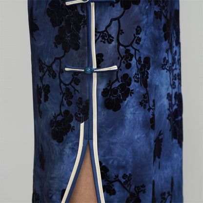Dark Blue Short Sleeves Floral Velvet Qipao Dress