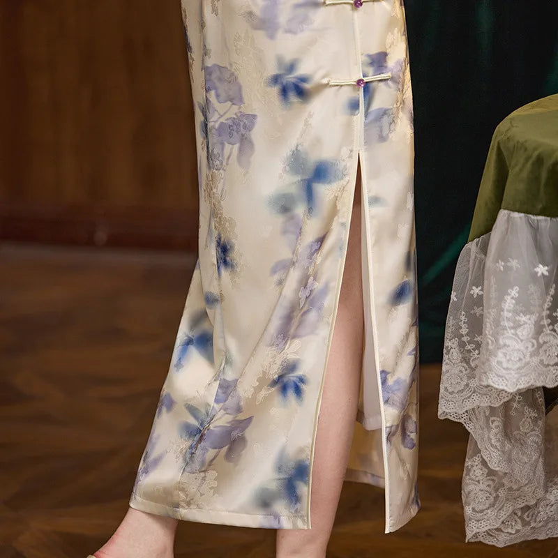 Blue Watercolor Floral Long Qipao Cheongsam Dress