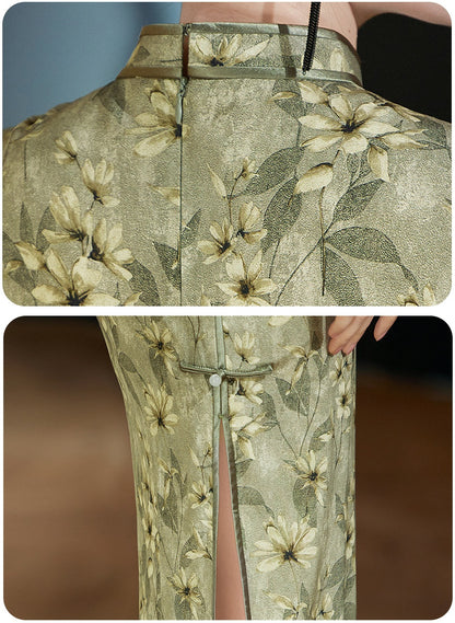 Mute Green Floral Silk Qipao Dress | Daisy