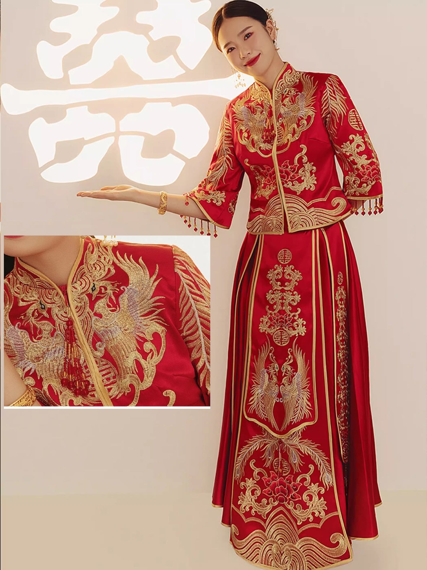 Rotes und goldenes asiatisches chinesisches Braut-Qun-Kwa-Hochzeitskleid und Bräutigam-Tang-Hochzeitsanzug