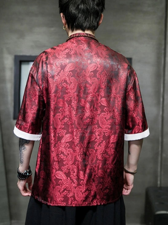 Men's Ice Silk Half-Sleeve Tang Suit Summer Shirt