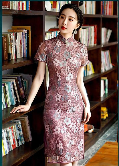 Purple Floral Lace Qipao Dress