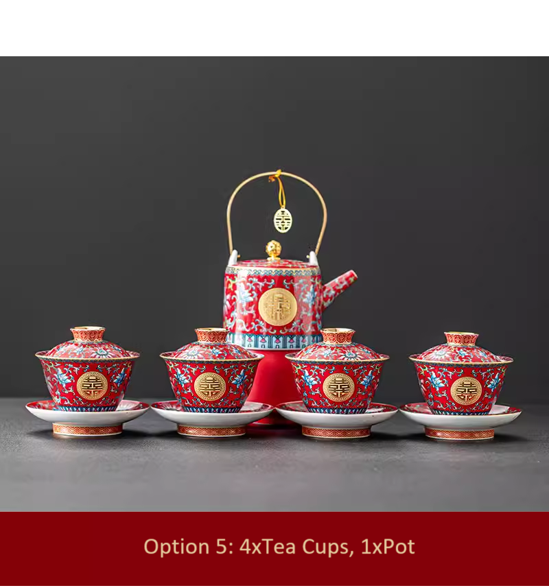 Traditional chinese double happiness floral tea set