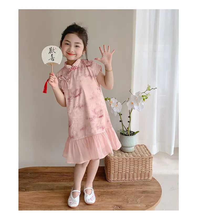 Sweet Pink Floral Kid’s Qipao Dress with Ruffle Hem