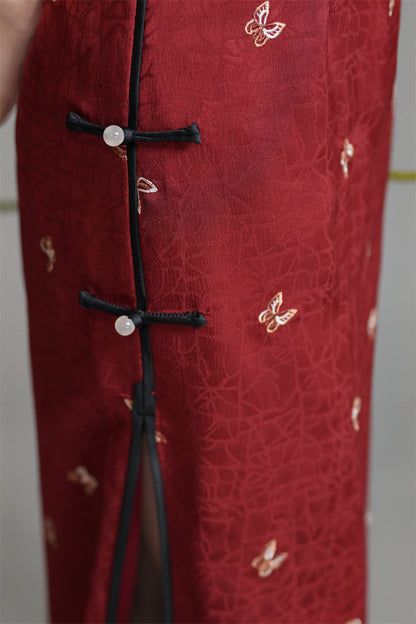 Burgundy Red Short Sleeves Floral Jacquard Qipao Dress