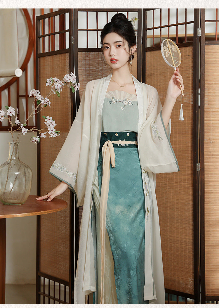 Teal & Ivory Embroidered Three-Piece Song Dynasty Hanfu Dress