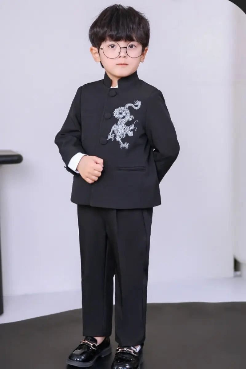 Boys' New Chinese Style Dragon Embroidered Zhongshan Suit Set