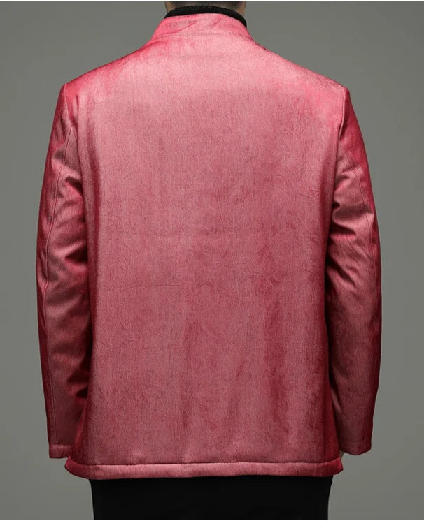 Red Men’s Dragon Embroidered Goose Down Tang Jacket on a gray background