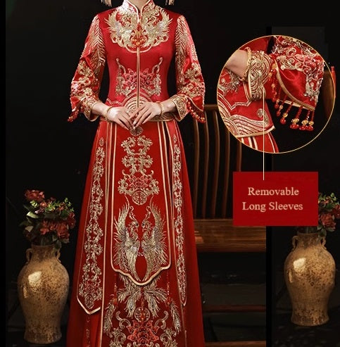 Ensemble de costume de mariage rouge Qun Kwa et Tang | Blissful