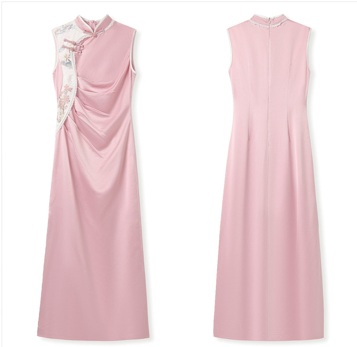 Qipao chinois rose sans manches avec drapé sur le côté