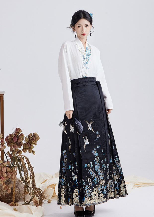 Black Floral Ming-style MaMian Skirt and Cross-collar Blouse