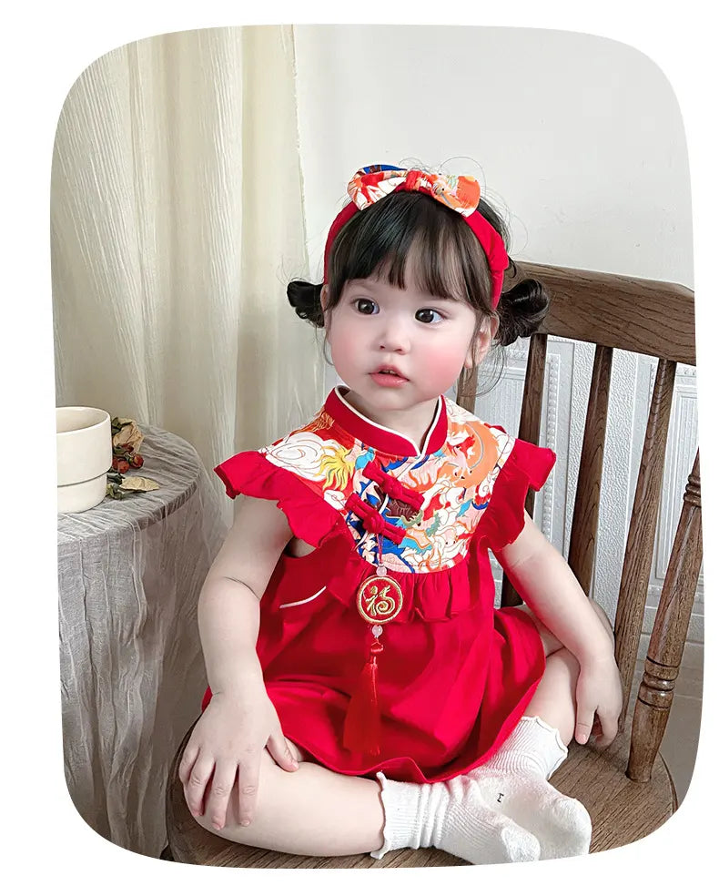 Baby-Mädchen-Qipao-Kleid im chinesischen Tang-Stil mit Stirnband