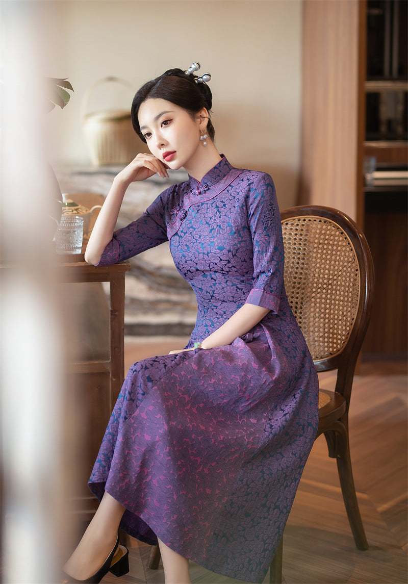 Purple Jacquard Floral A-Line ao dai dress