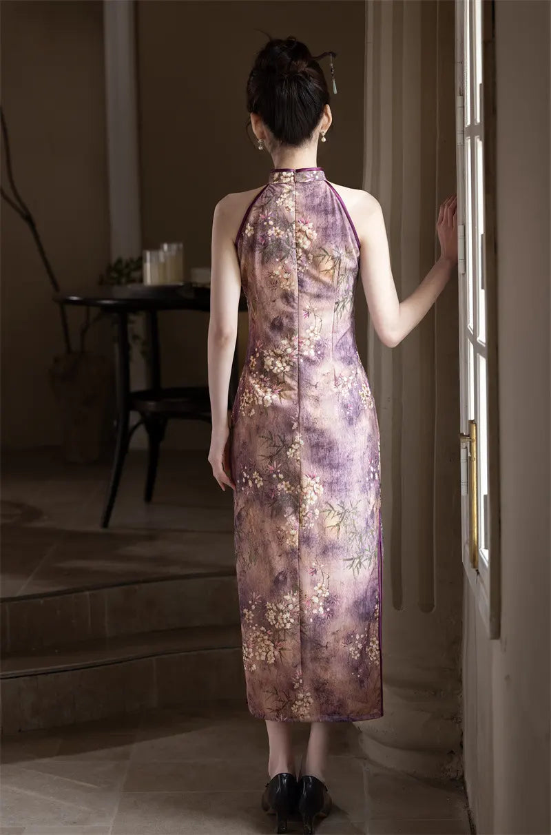 Halter Neck Floral Midi Cheongsam Qipao Dress
