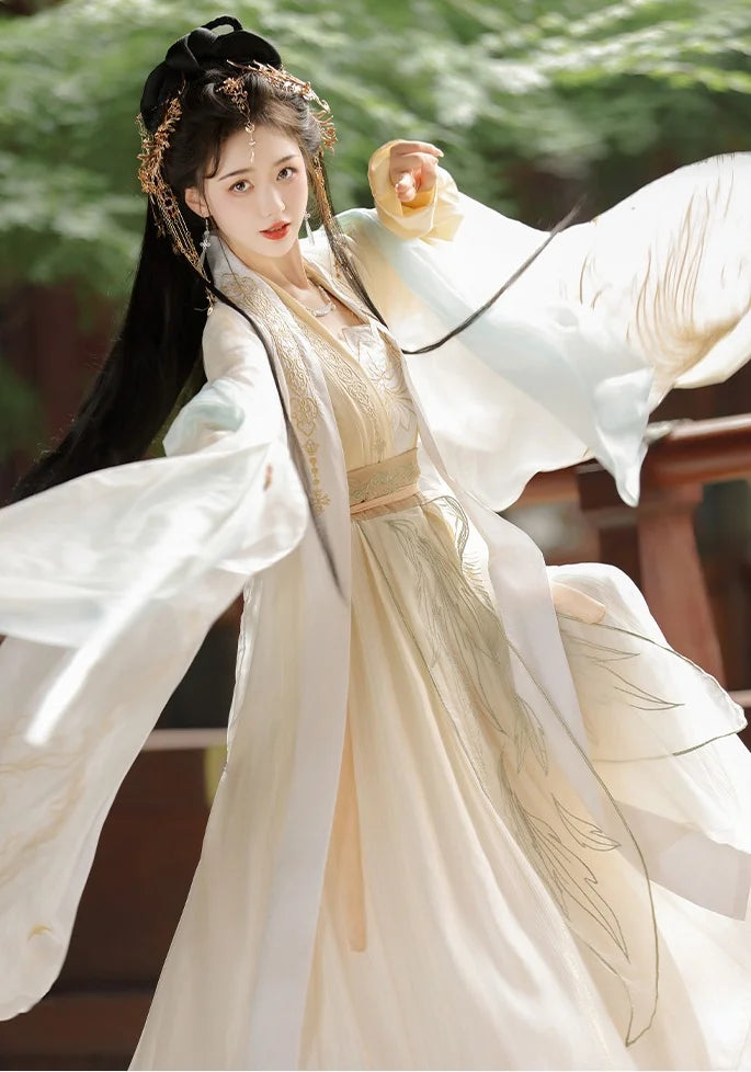 Elfenbeinweißes Hanfu-Kleid-Set aus der Song-Dynastie | Goldene Feder