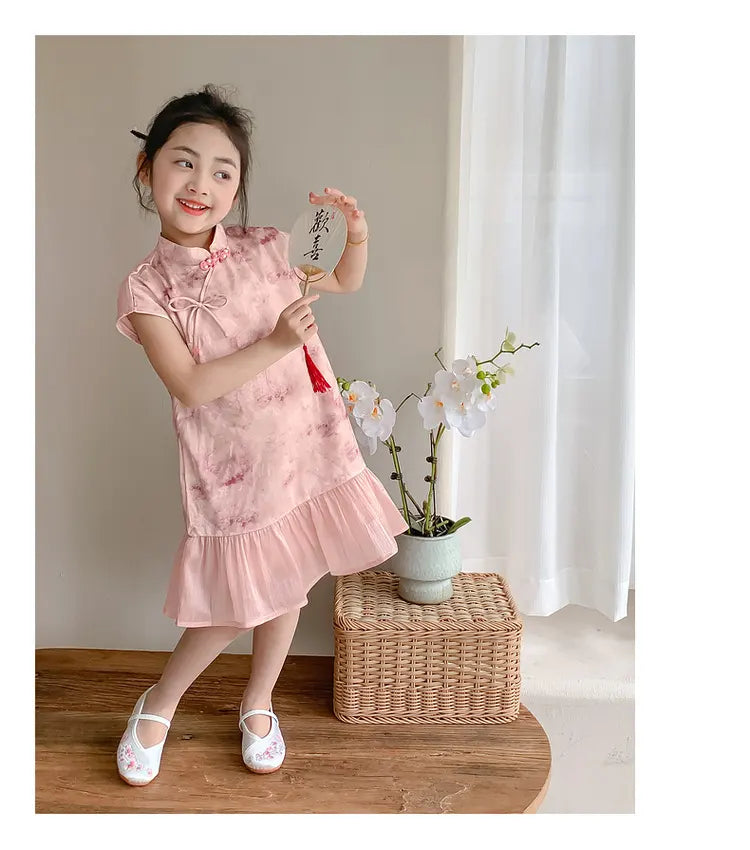 Sweet Pink Floral Kid’s Qipao Dress with Ruffle Hem