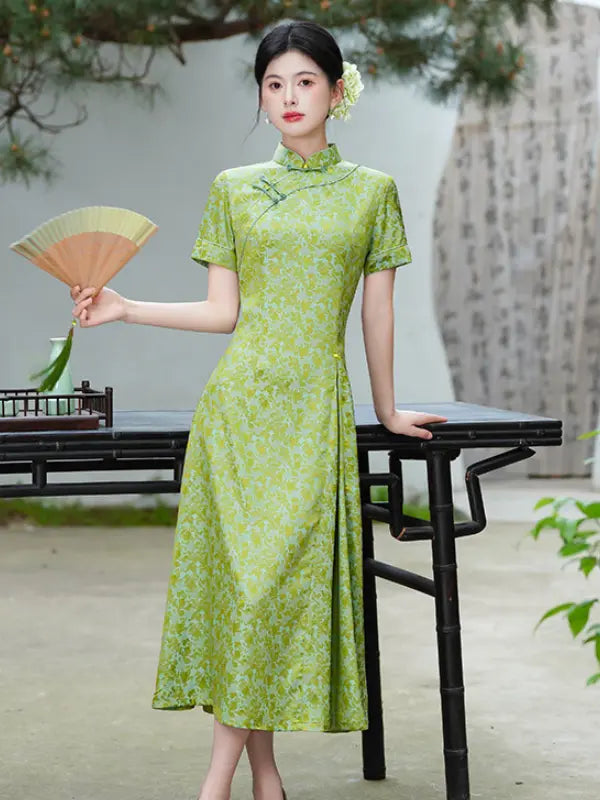 Modern Floral Short Sleeve A-Line Qipao Dress