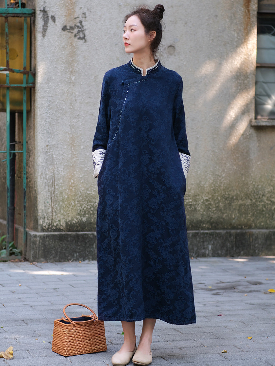 Model in blue Floral Ramie Cotton Long Sleeves Loose Qipao Cheongsam Dress looking left