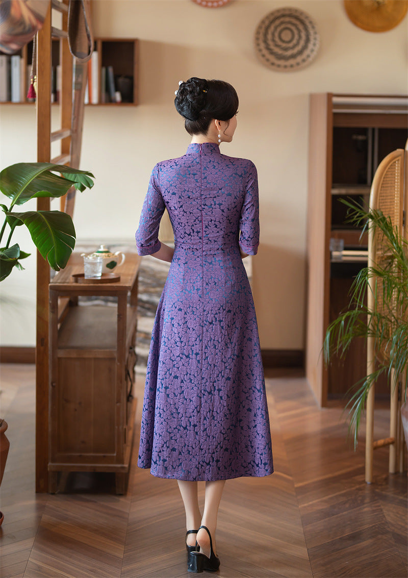 Purple long sleeves Jacquard Floral A-Line Cheongsam Dress