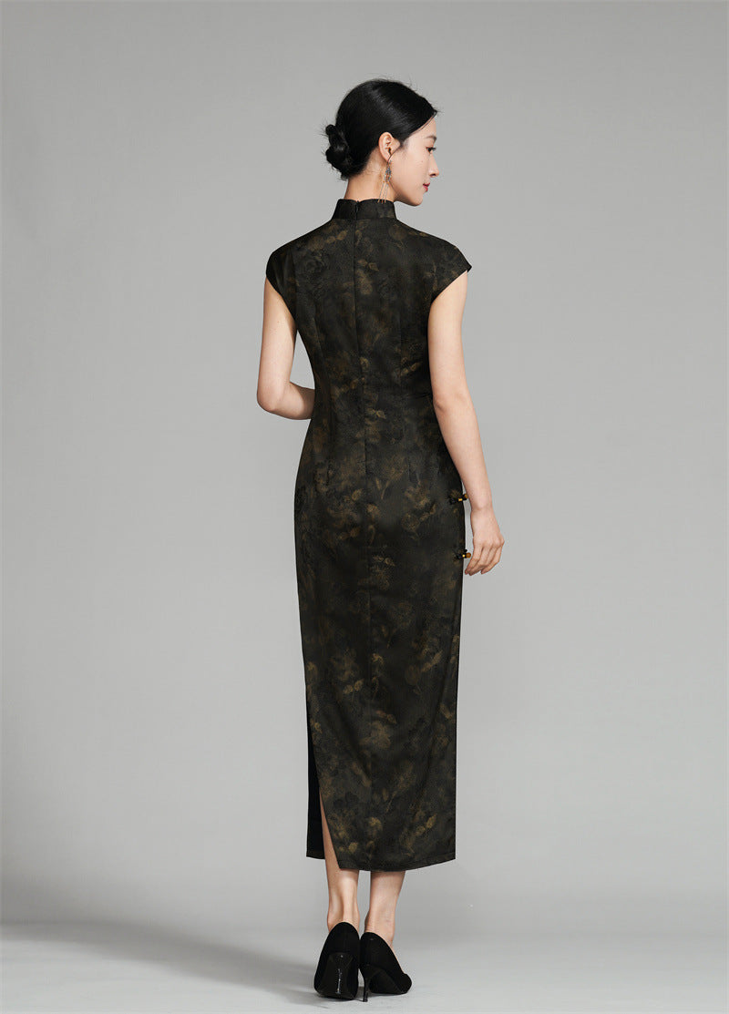 Long Black Sleeveless Qipao with Gold Floral Pattern