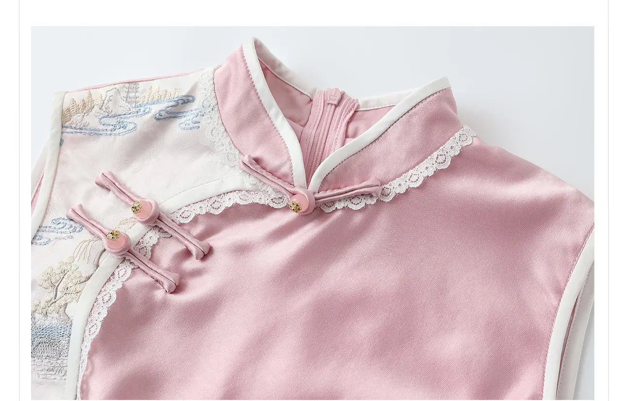 Qipao chinois rose sans manches avec drapé sur le côté