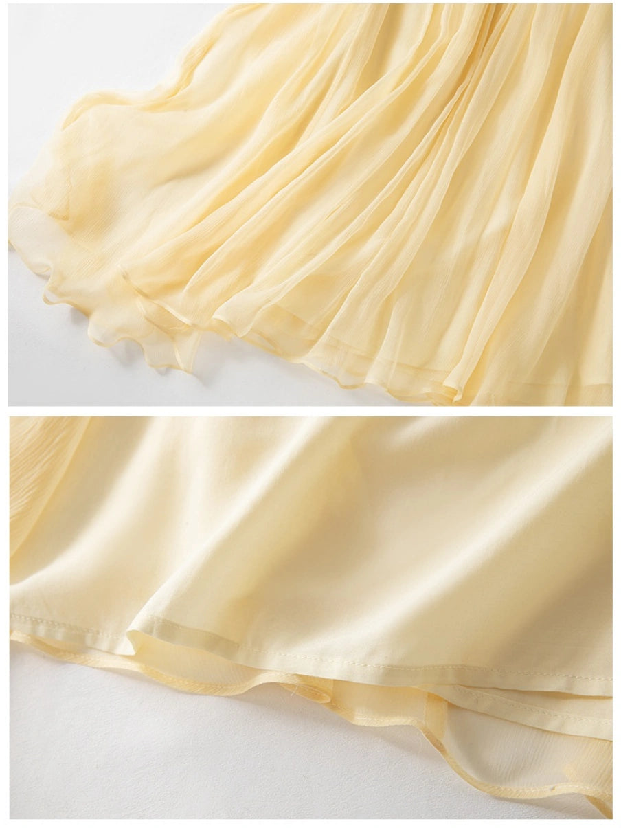 Classic Soft Yellow Chinese Embroidered Mulberry Silk Loose Qipao