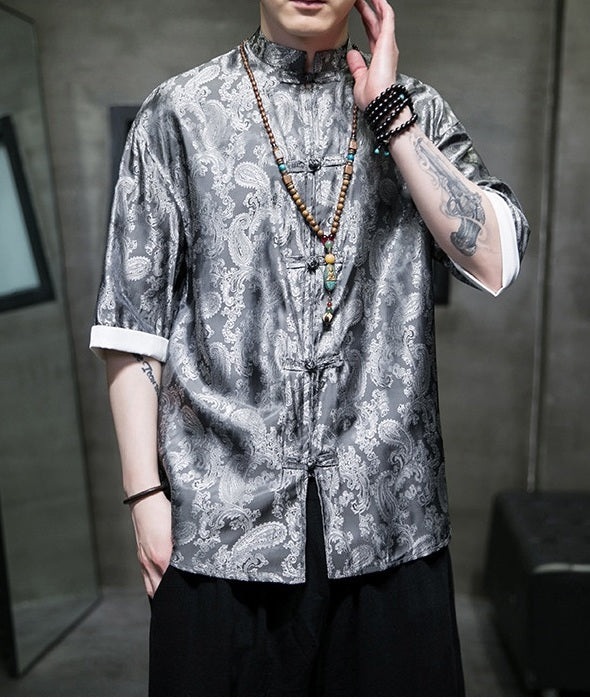 Men's Ice Silk Half-Sleeve Tang Suit Summer Shirt