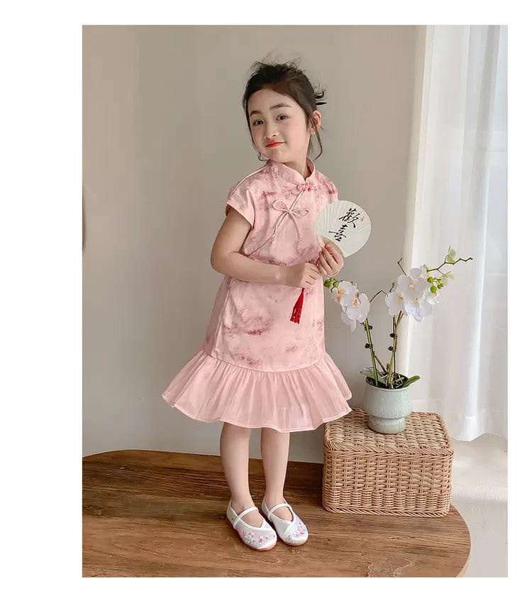 Sweet Pink Floral Kid’s Qipao Dress with Ruffle Hem