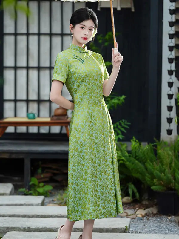 Modern Floral Short Sleeve A-Line Qipao Dress
