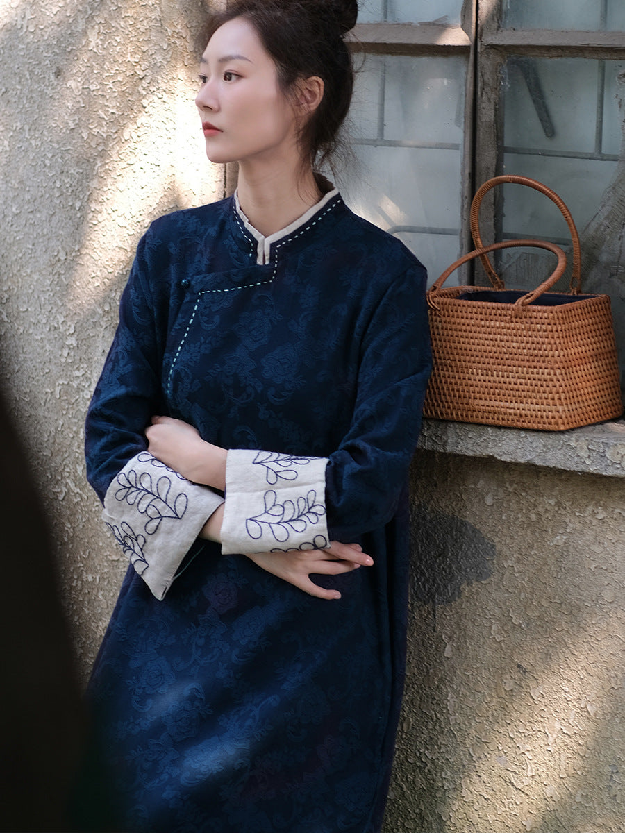 Model in blue Floral Ramie Cotton Long Sleeves Loose Qipao Cheongsam Dress next to a window