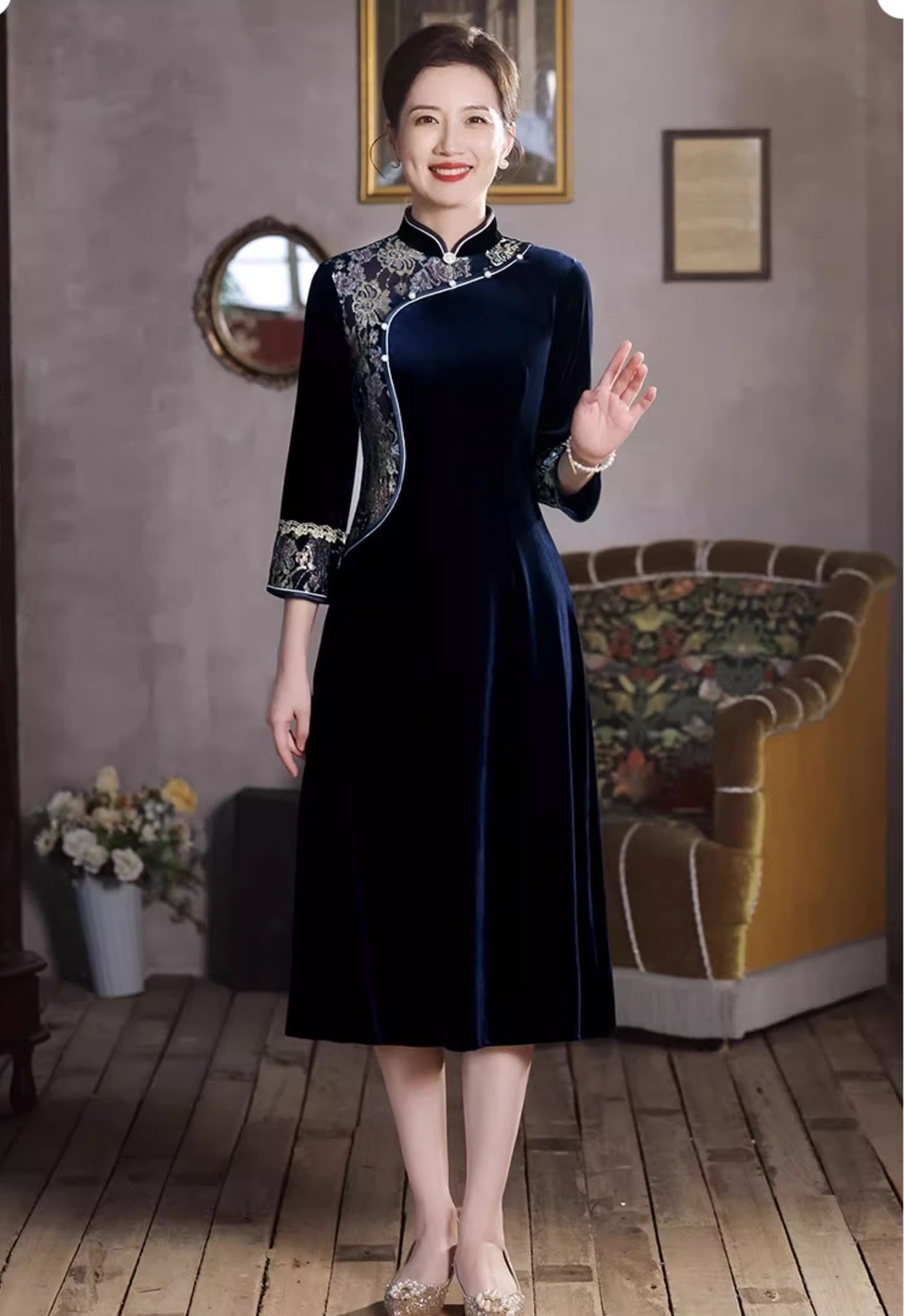 Long Sleeves A-Line Velvet Cheongsam Qipao Dress