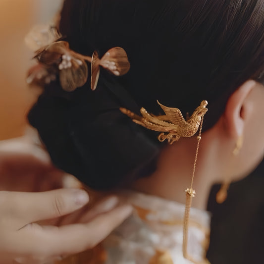 Chinese bridal golden phoenix hair stick and flower piece