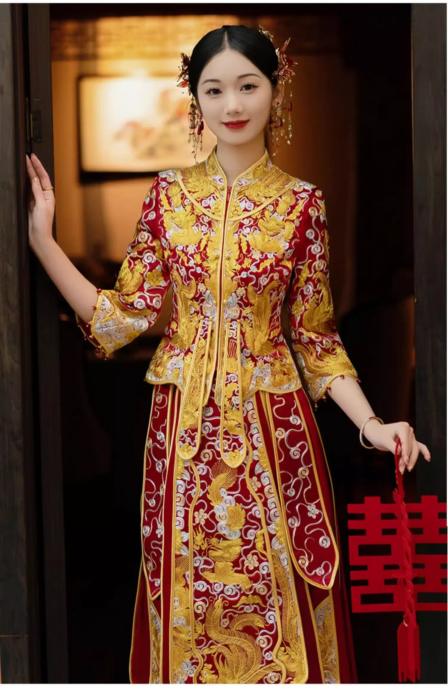 Red and gold  traditional Chinese Wedding pheonix  Qun Kwa Dress