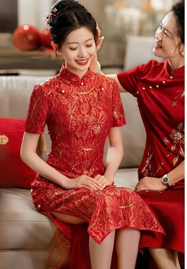 Red Lace Cheongsam Qipao Dress with Golden shimmer