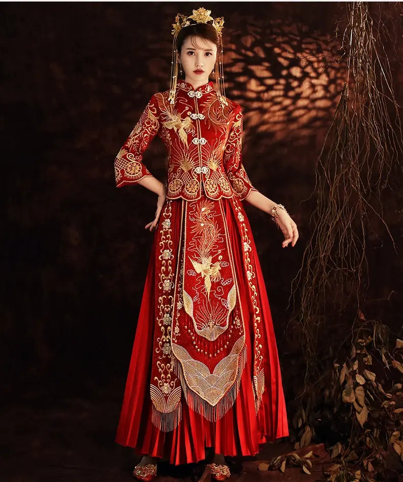 Traditional Chinese Wedding Dress - Red & Gold Phoenix Qun Kwa Gown |Prosperity Traditional Chinese Wedding Dress - Red & Gold Phoenix Qun Kwa Gown |Prosperity