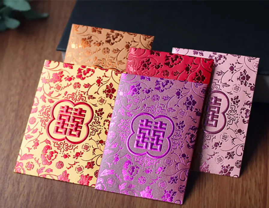 Double Happiness  Chinese Wedding  Red Envelopes in pink, purple red, gold