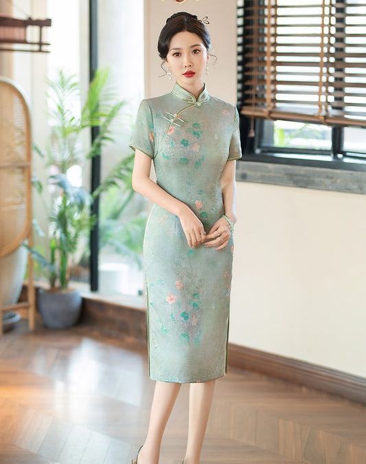 Chinese Green floral qipao cheongsam dress
