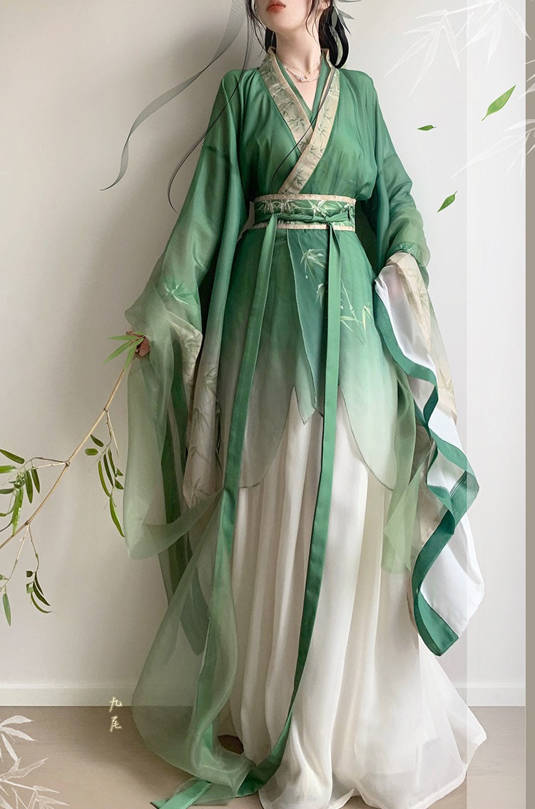 model in green bamboo leaves print hanfu front