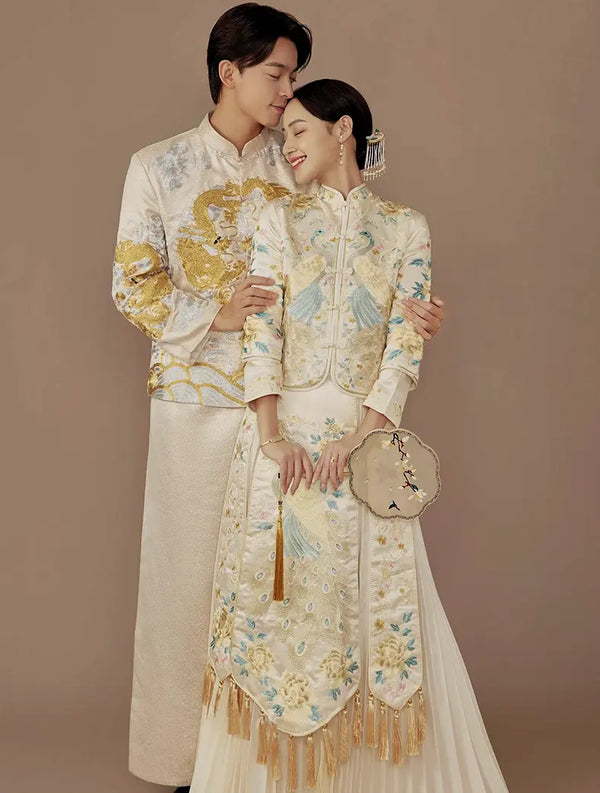 Chinese Wedding Off White Qun Kwa Dress with Peacock for bride and dragon tang suit for groom